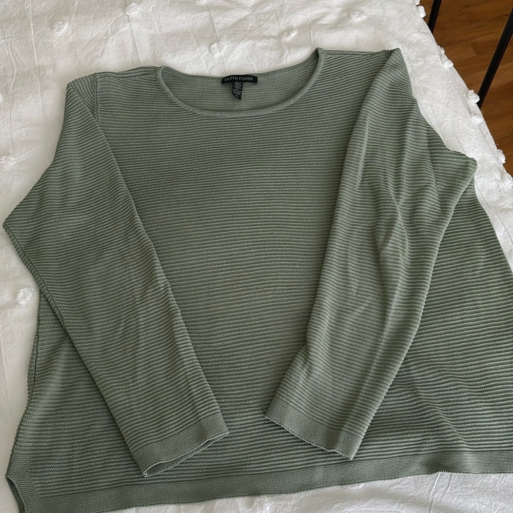 Eileen Fisher Sage Green Ribbed Long Sleeve Top, Size Small, GUC